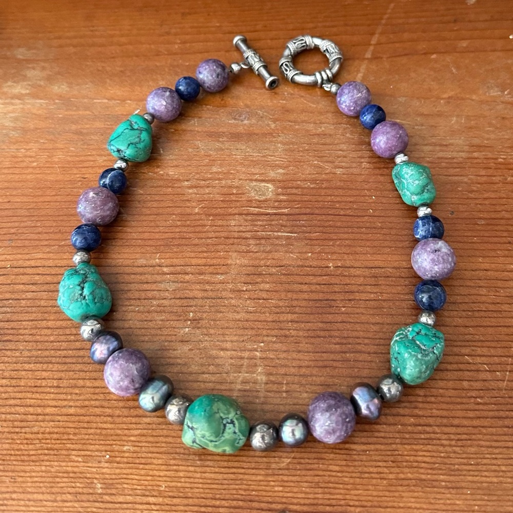 Chunky Turquoise Pearl Lapis Lazuli Natural Gemstone Peacock Choker Necklace